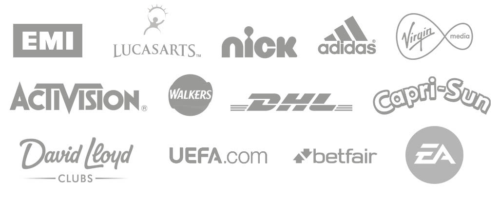 Logos of brands including EMI, LucasArts, Nickelodeon, adidas, Virgin Media, Activision, Walkers, DHL, Capri-Sun, David Lloyd Clubs, UEFA, Betfair and EA